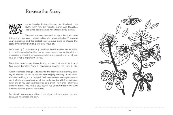 A book spread from "The Intuitive Adventure" by Schiffer Publishing, Ltd. features text about changing perspectives and rewriting personal stories on the left, and a floral with butterflies illustration on the right.