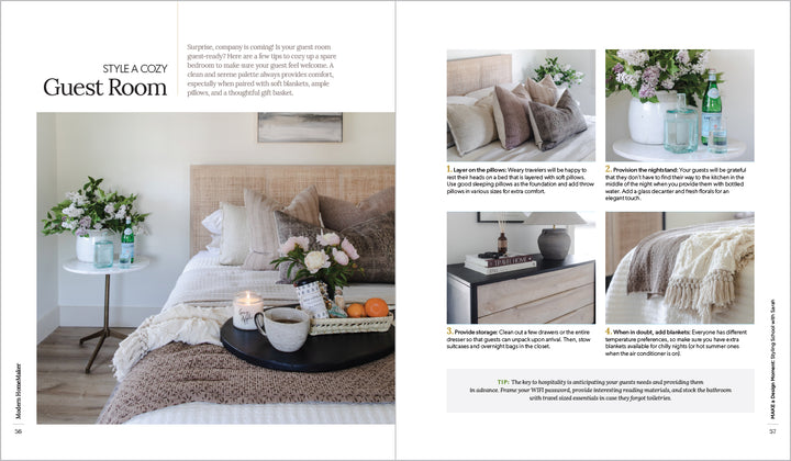 A cozy guest room with a neatly made bed, fluffy pillows, and a brown knit blanket—perfect inspiration for creative homeowners who value comfort and hospitality, as featured in Schiffer Publishing, Ltd.’s Modern HomeMaker.