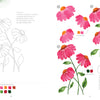 A side-by-side image from "Watercolor the Easy Way Flowers" by Schiffer Publishing, Ltd. shows a black-and-white coneflower outline with color palette and brush types on the left, and beginner step-by-step painting instructions on the right.