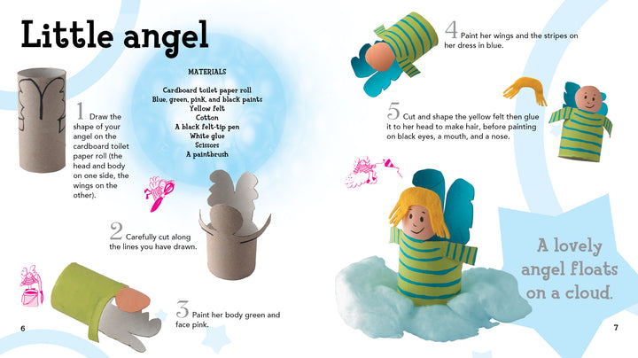 Create a festive angel with step-by-step illustrated instructions from "Christmas" by Schiffer Publishing, Ltd., using recycled materials like a cardboard tube, felt, and cotton for a DIY craft featuring a yellow-haired angel on a fluffy cloud.