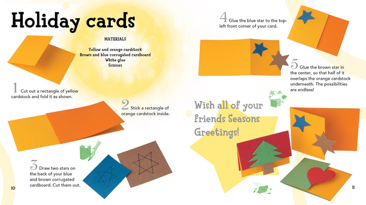DIY holiday card craft with Christmas from Schiffer Publishing, Ltd.—use yellow/orange cardstock, brown/blue cardboard, and cardboard stars to create cards featuring colorful stars, a tree, and the message "Wish all of your Friends Seasons Greetings!.