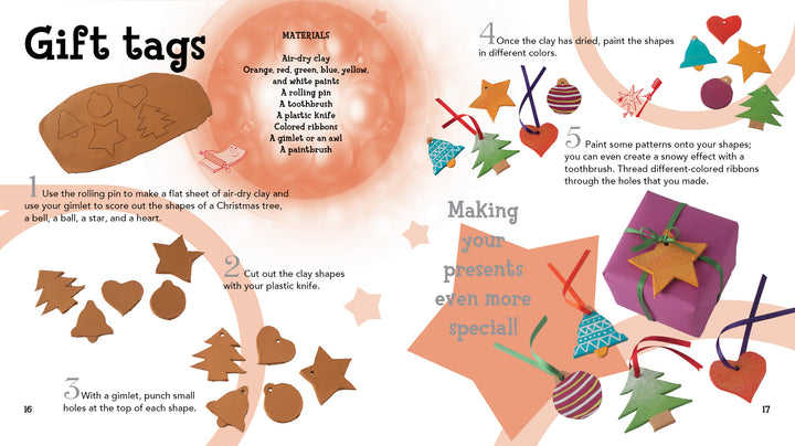 Christmas by Schiffer Publishing, Ltd. is a step-by-step illustrated guide to making DIY clay gift tags in tree, star, bell, and heart shapes, featuring tool images, instructions, finished painted tags, and ribbon accents.