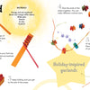 Colorful step-by-step instructions for making a star-shaped paper garland using red and orange cardstock, glue, ribbon, and scissors. Perfect DIY Christmas craft from Schiffer Publishing, Ltd.’s “Christmas” on a white-yellow star background.