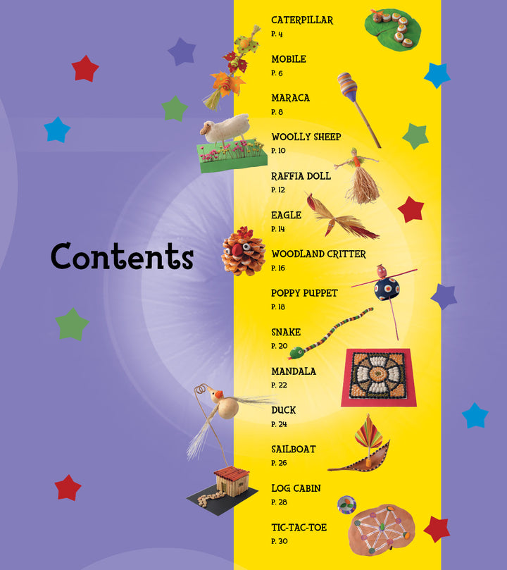 The "Nature" table of contents by Schiffer Publishing, Ltd. features kids’ craft projects—caterpillar, sheep, eagle, mandala—each with page numbers on a yellow and purple starry background, ideal for building fine motor skills.