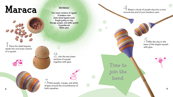 Step-by-step illustrated instructions from Schiffer Publishing, Ltd.'s "Nature" show how to make a maraca with squash, seeds, bamboo, purple clay, and paint. Images highlight materials, painted squash, assembly steps, and decorative touches.