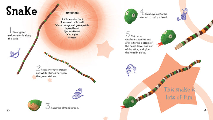Nature by Schiffer Publishing, Ltd. is an illustrated guide for kids to make a snake craft with a painted wooden stick, almond, cardboard, and paint. Includes step-by-step drawings and instructions to build fine motor skills through creative fun.