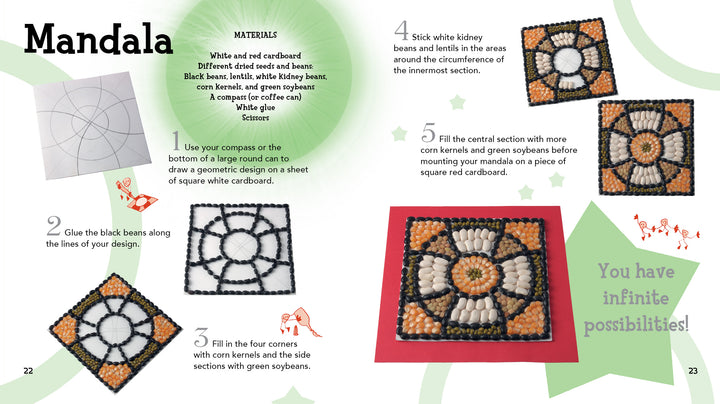 Nature by Schiffer Publishing, Ltd. offers a step-by-step guide to creating a square mandala with black beans, corn kernels, and soybeans on cardboard—a fun, nature-themed project for kids that boosts fine motor skills.