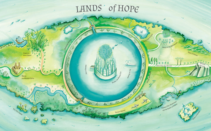Maps of My Emotions by Schiffer Publishing, Ltd. is an illustrated fantasy map with a central lake and island, forests, a ship, mountains, winding paths, and mythical landmarks—ideal for children’s emotional exploration in gentle green and blue tones.