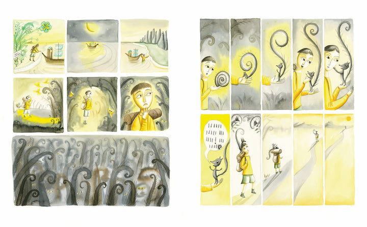 Maps of My Emotions by Schiffer Publishing, Ltd. is a wordless graphic novel where a character travels by boat into a shadowy forest with yellow-eyed creatures. Through emotional discovery, they find confidence and emerge into sunlight with a friendly companion.