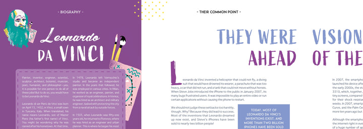 Head to Head" by Schiffer Publishing, Ltd. is a split-page biography of Leonardo da Vinci featuring his portrait and life story on the left, and “They were ahead of their vision” with illustrated graphics on the right—ideal for young readers.