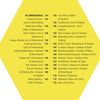 A yellow hexagon lists book chapter titles with page numbers, inspired by the Wild Harmonic Oracle Cards from Schiffer Publishing, Ltd., in two columns on themes of dimensionality and shadow (pages 124-176).