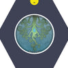 A circular illustration of green roots swirling around a blue water droplet on a blue background, titled "Water of Earth" and "Nourishing Roots," inside a dark hexagonal frame marked 42 from Wild Harmonic Oracle Cards by Schiffer Publishing, Ltd.