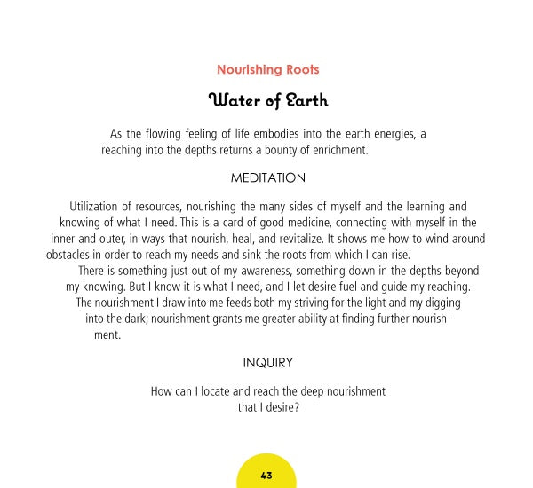 On page 43, Water of Earth explores meditation and questions about nourishment and self-awareness, inspired by Schiffer Publishing, Ltd.'s Wild Harmonic Oracle Cards. It concludes: How can I locate and reach the deep nourishment that I desire?.