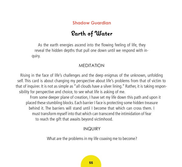 A page from Wild Harmonic Oracle Cards by Schiffer Publishing, Ltd., featuring Meditation and Inquiry on overcoming challenges and self-reflection, inspired by energy alchemy. White background with black and colored text. Page 55.