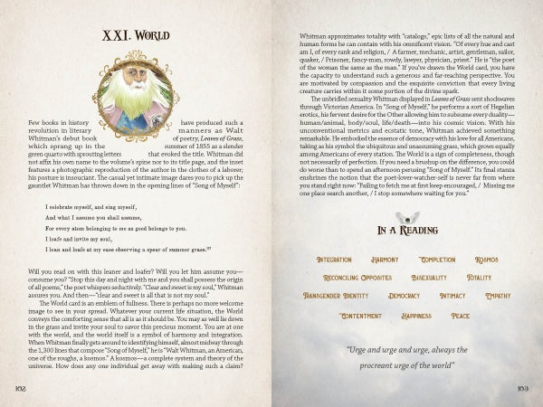 Two open book pages from The American Renaissance Tarot by Schiffer Publishing, Ltd.: Left—Chapter XXI: World, with a crowned owl exploring poets and meaning in American literature. Right—interpretive text highlights harmony, completion, and achievement.
