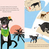 Rescuing Rumba" by Schiffer Publishing, Ltd. is an illustrated storybook featuring a smiling black dog with a flower by her ear. Follow Rumba as she searches for food, rests, and plays with friends on the beach, shown alongside palm trees and a map.