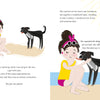 A young girl in a yellow swimsuit happily pets a rescued potcake dog at the beach, celebrating its forever home, as featured in "Rescuing Rumba" by Schiffer Publishing, Ltd.