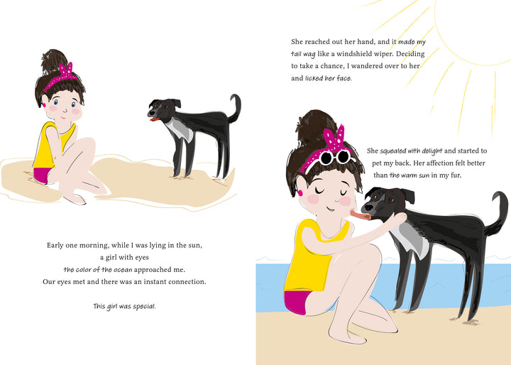 A young girl in a yellow swimsuit happily pets a rescued potcake dog at the beach, celebrating its forever home, as featured in "Rescuing Rumba" by Schiffer Publishing, Ltd.
