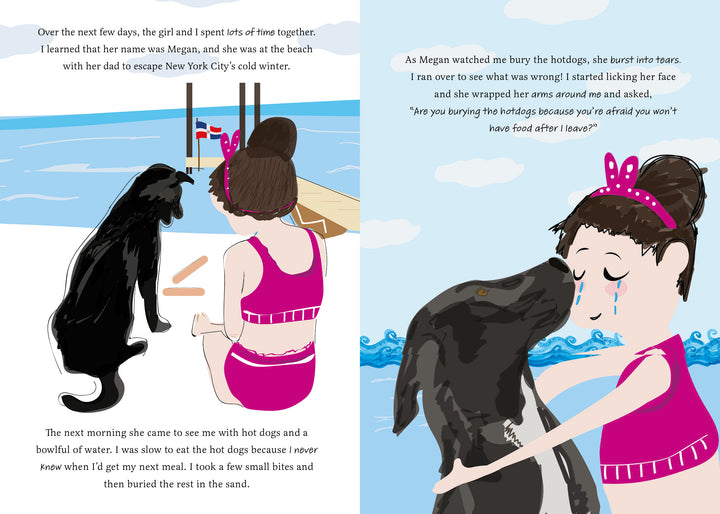 In Rescuing Rumba by Schiffer Publishing, Ltd., an illustrated story shows a girl at the beach with a potcake dog—feeding her rescue in a pink swimsuit, then hugging her goodbye while hoping for the dog's forever home.