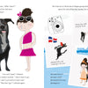 In "Rescuing Rumba" by Schiffer Publishing, Ltd., a girl with a pink bow, swimsuit, and sunglasses stands with her potcake dog, while Polaroid-style photos capture their joyful beach adventures in this heartwarming story.