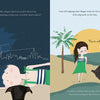 A split illustration: left, a girl and her potcake dog under a starry city sky; right, they wake on a sunny beach—capturing the heartwarming story of "Rescuing Rumba" by Schiffer Publishing, Ltd.