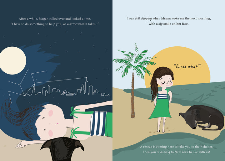A split illustration: left, a girl and her potcake dog under a starry city sky; right, they wake on a sunny beach—capturing the heartwarming story of "Rescuing Rumba" by Schiffer Publishing, Ltd.