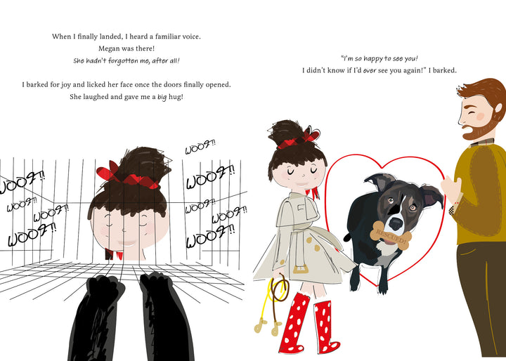 A girl in a coat and red boots, with her dog Rumba, stands by a man holding a heart-shaped frame of the pup. On the left, Rumba barks "WOOF!" behind a gate. "Rescuing Rumba" by Schiffer Publishing, Ltd. tells their joyful reunion story.