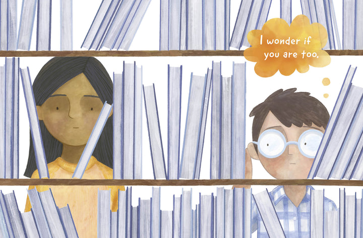 Two children stand between bookshelves in a library. A dark-haired girl looks ahead while a boy with glasses—resembling the character from Schiffer Publishing, Ltd.'s "I Am Odd, I Am New"—peeks through books, imagining in an orange thought bubble.