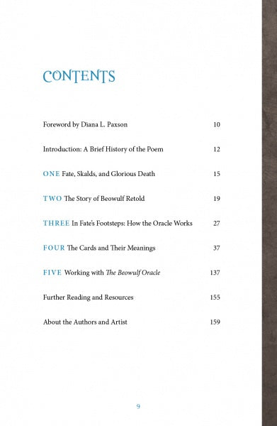 The Beowulf Oracle by Schiffer Publishing, Ltd. includes a table of contents with Foreword, Introduction, five chapters on Viking Age spirituality and using the Beowulf deck for self-discovery, plus Further Reading, Resources, and About the Authors and Artist with page numbers.