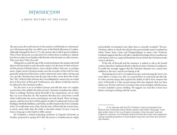 The Beowulf Oracle by Schiffer Publishing, Ltd. features a two-page spread, "Introduction: A Brief History of the Poem," exploring Beowulf’s origins and Viking Age spirituality in a clear serif font with wide margins and a bottom-right section break.