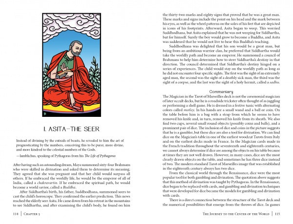 A vivid image from The Buddha Tarot by Schiffer Publishing, Ltd. shows a bearded man in red-green robes, cross-legged on grass before mountains and blue sky, with text titled "I. ASITA—THE SEER" and a Commentary section, evoking enlightenment themes.