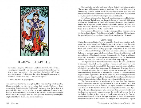 A vibrant image of a woman in traditional dress stands by a tree, framed by text about II. Maya—the Mother, with mythological themes and enlightenment from Majors in The Buddha Tarot by Schiffer Publishing, Ltd.