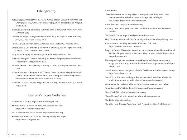 A page in An Illuminated Guide to Wicca by Schiffer Publishing, Ltd. lists Wiccan and Pagan book references in two columns for easy learning, followed by Useful Wiccan Websites with site names and brief descriptions.