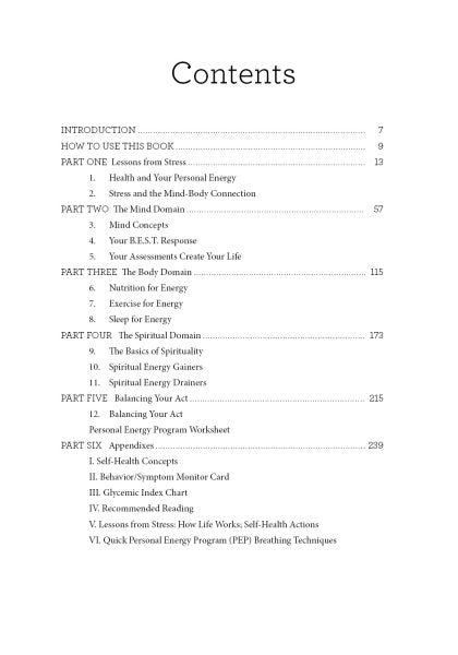 A clean, organized table of contents for "Balancing Act" by Schiffer Publishing, Ltd. lists sections on stress, energy, well-being, mind-body connection, spirituality, and self-health concepts, each with corresponding page numbers.