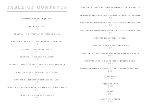 The table of contents in "Mysterious Messages from Beyond" by Schiffer Publishing, Ltd. lists chapters on phantom calls, haunted objects, and more. The text is in two columns and includes a foreword, bibliography, and author information.