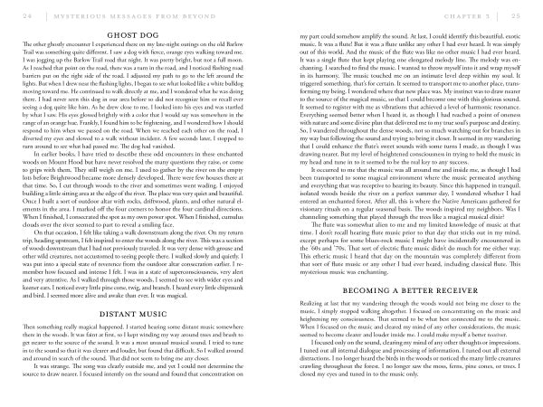 Two pages from *Mysterious Messages from Beyond* by Schiffer Publishing, Ltd. show Chapter 5: the left features Ghost Dog and Distant Music about strange communications; the right continues Ghost Dog and starts Becoming a Better Receiver, in two-column format.