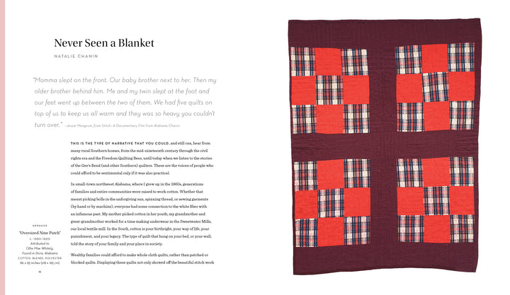 On the right is a maroon quilt with four red and plaid patchwork blocks. On the left, Unconventional & Unexpected, 2nd Edition by Schiffer Publishing, Ltd. explores family stories and the offbeat spirit of unique quilts.