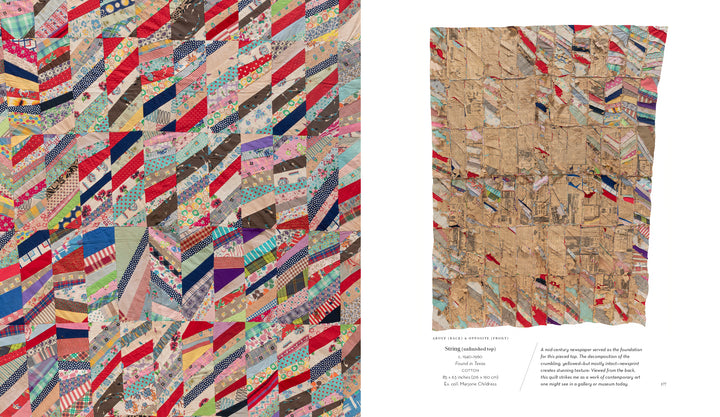 On the left is a vibrant, patchwork quilt with diagonal strips; on the right, a faded quilt like those in Schiffer Publishing, Ltd.’s "Unconventional & Unexpected, 2nd Edition" rests against a white background.