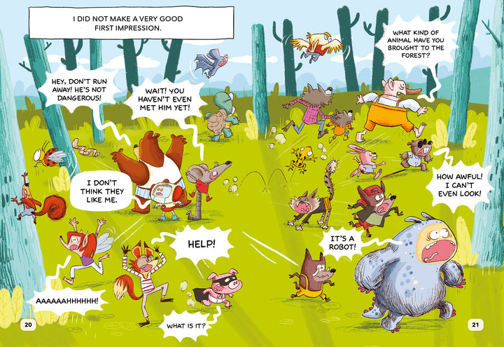 In "The Forest Robot" by Schiffer Publishing, Ltd., frightened forest animals flee from a helpful robot and a reassuring fox in a colorful forest, while some animals shout in fear and the robot looks surprised in this Bitmax & Co. kids’ graphic novel.