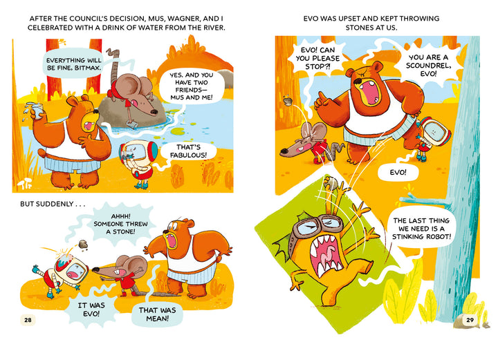 A scene from "The Forest Robot" by Schiffer Publishing, Ltd. shows animals by a river: a bear in orange overalls comforts two small animals, while Evo, a red creature, angrily throws a stone as the others look surprised in this kids' graphic novel.