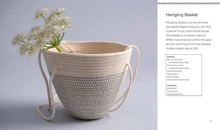 The Artisan Ropework basket by Schiffer Publishing, Ltd. features stitched rope with a subtle zigzag pattern, filled with white flowers on a light surface. A description and materials list for making cotton rope baskets appears on the right.