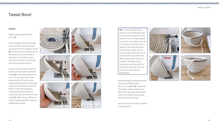 A step-by-step photo tutorial from "Artisan Ropework" by Schiffer Publishing, Ltd. shows hands sewing a coiled rope bowl with a machine—ideal for cotton rope baskets. Instructions and tips appear as the bowl takes shape.