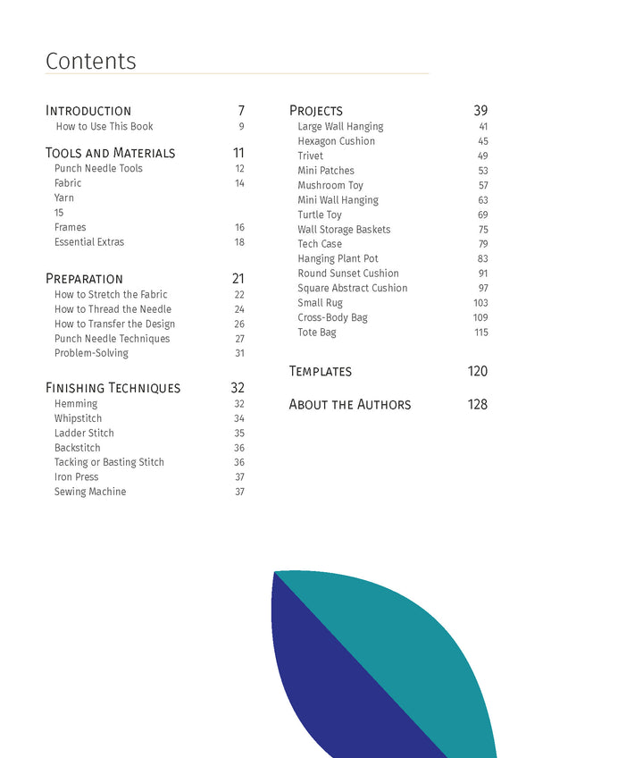 Table of contents page with black text and page numbers, plus geometric blue, teal, and green shapes—ideal for beginner Punch Needle guides from Schiffer Publishing, Ltd. on a white background.