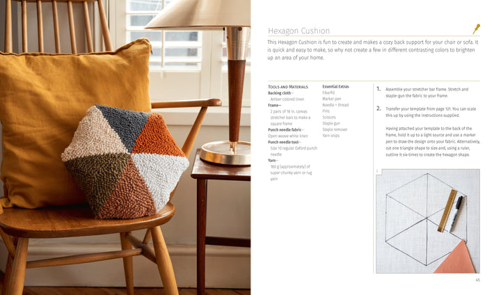 A Schiffer Publishing, Ltd. Punch Needle hexagon cushion in gray, orange, and cream sits on a mustard-yellow pillow on a wooden chair. Ideal for beginners; instructions and a materials list are included on the right.