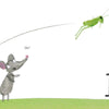 In "1, 2, 3, Lili's Counting" by Schiffer Publishing, Ltd., a gray mouse watches as a playful fingerprint-art grasshopper leaps high, with the text: “1 grasshopper hopping so high.” A delightful board book for early number and counting fun.