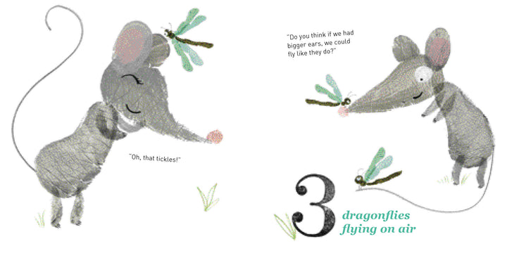 In 1, 2, 3, Lili's Counting by Schiffer Publishing, Ltd., two playful gray mice in fingerprint art interact with dragonflies—one giggles as a dragonfly lands on its nose while the other wonders if bigger ears would help them fly.