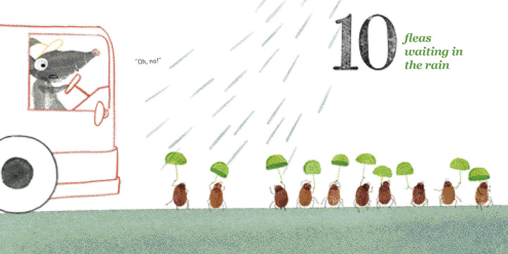 A cartoon rat drives a red-trimmed bus, exclaiming “Oh, no!” as 10 fingerprint-art fleas hold leaves to shelter from rain. Large text reads “10 fleas waiting in the rain.” From Schiffer Publishing, Ltd.: "1, 2, 3, Lili's Counting.