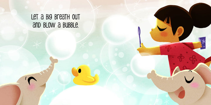 In Huff and Puff by Schiffer Publishing, Ltd., cartoon characters blowing bubbles introduce kids to mindful breathing in a delightful board book.