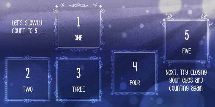 A calming graphic for Huff and Puff by Schiffer Publishing, Ltd. shows boxes labeled 1–5 with words beneath: one, two, three, four, five. Text: Slowly count to 5 for mindful breathing. Next, close your eyes and count again.