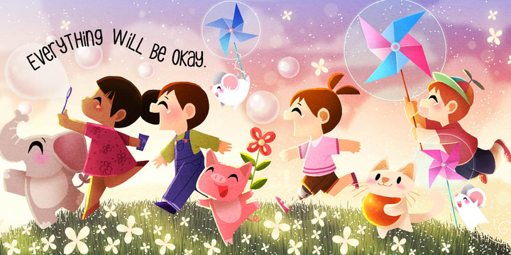 A cheerful illustration of children and animals playing with bubbles and flowers under a colorful sky appears on Schiffer Publishing, Ltd.’s board book Huff and Puff, gently introducing mindful breathing with the phrase "Everything will be okay.